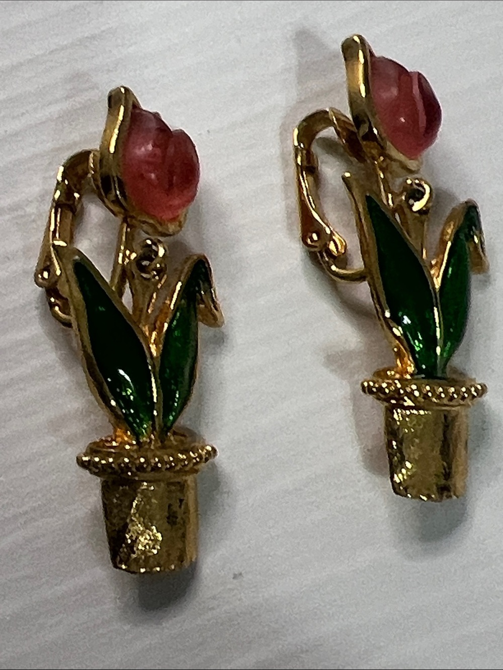 Gold Tulip Plant Clip-On Earrings with Pink Flower and Green Leaves